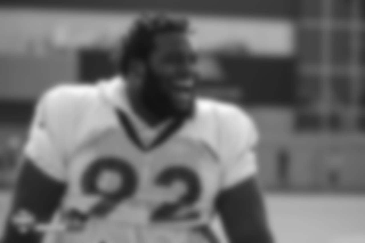 Defensive end Zach Kerr (92) laughs during the ninth day of training camp on August 7, 2018, at UCHealth Training Center.