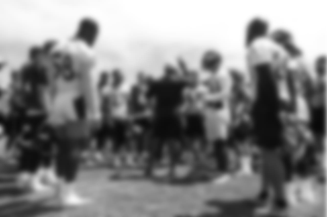 Head Coach Vance Joseph speaks to the team after the 10th and final day of OTAs on June 7, 2018 at UCHealth Training Center.