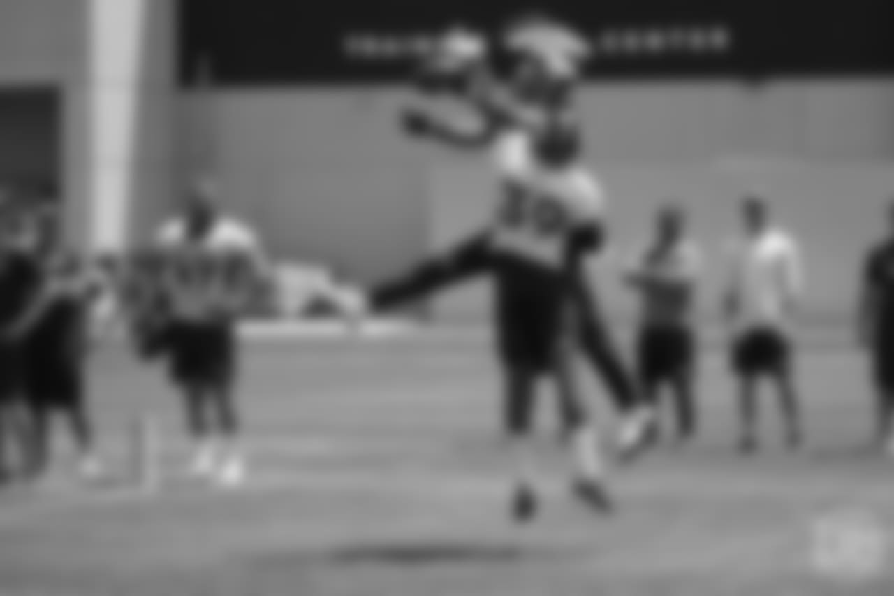 wide receiver Kenny Bell (13) pulls in a touchdown catch at the ninth day of OTAs on June 6, 2018 at UCHealth Training Center.