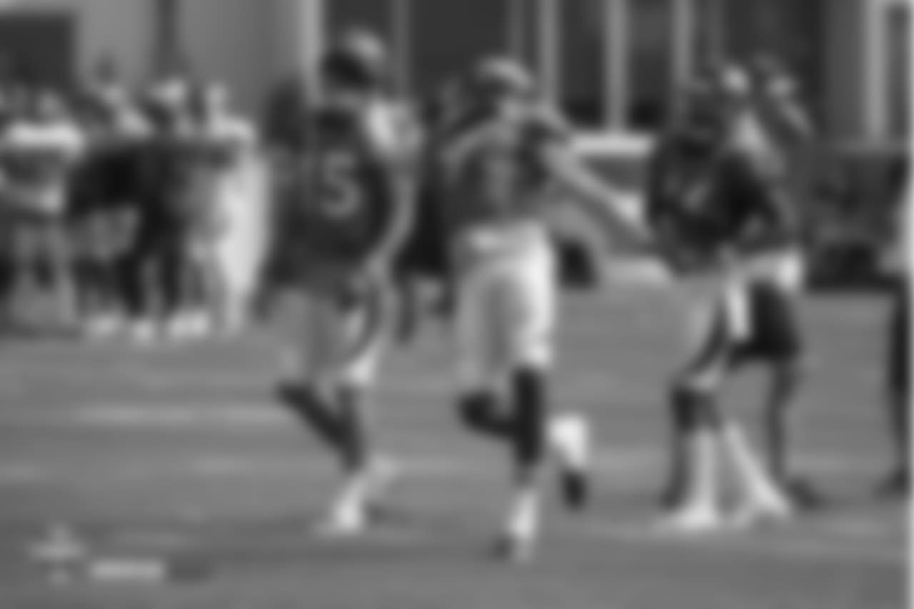 Wide receiver John Diarse (9) makes a one-handed catch during the ninth day of training camp on August 7, 2018, at UCHealth Training Center.