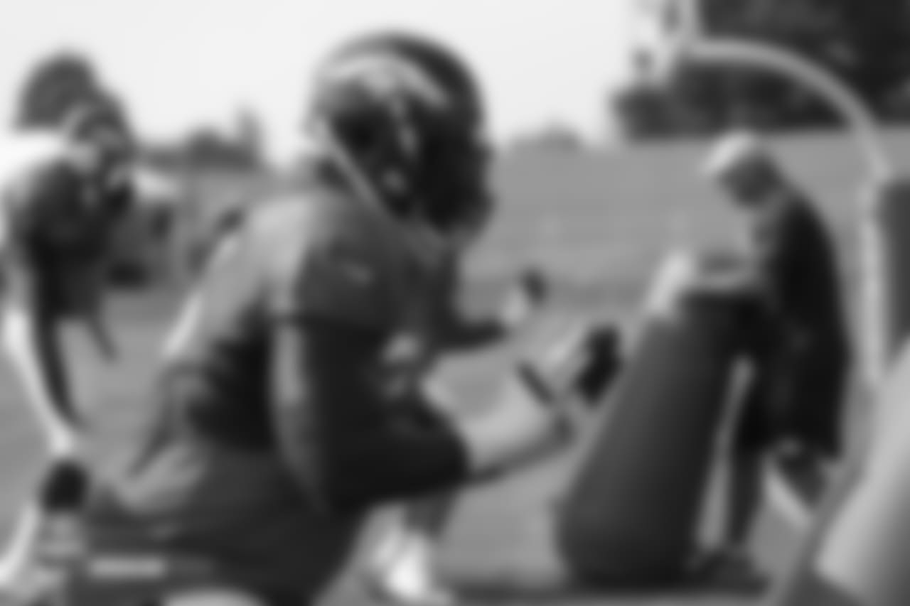 Tackle Menelik Watson (75) during the ninth day of training camp on August 7, 2018, at UCHealth Training Center.