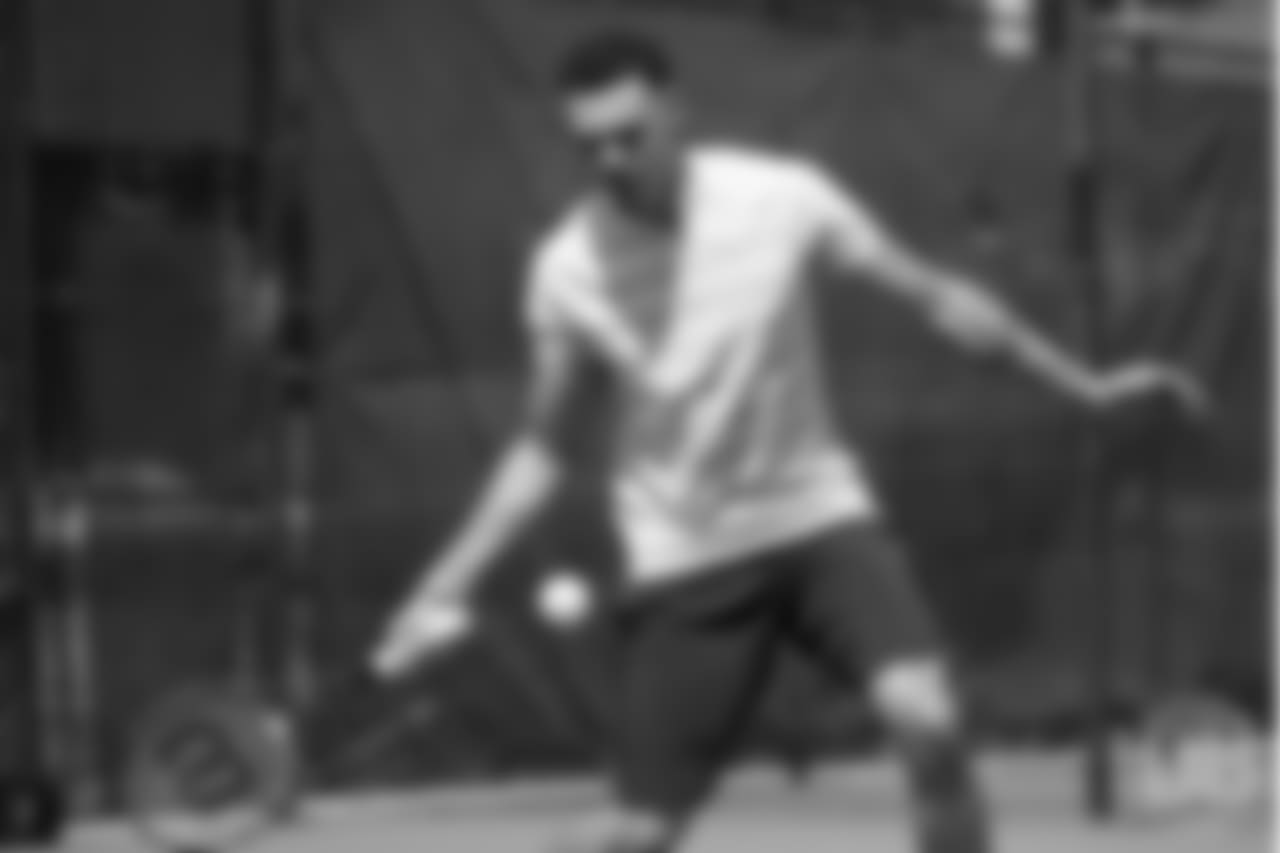 Safety Justin Simmons tries his hand at tennis as part of a video series from Broncos TV at Greenwood Athletic and Tennis Club on June 18, 2018.