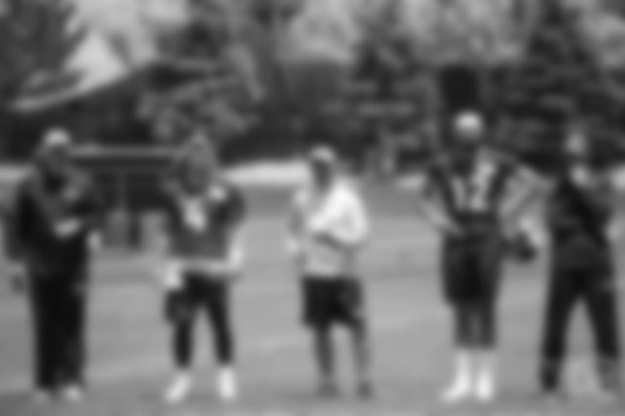 Offensive Coordinator Bill Musgrave, quarterback Case Keenum (4), Quarterbacks Coach Mike Sullivan, quarterback Paxton Lynch (12) and Offensive Assistant/Quarterbacks Coach Klint Kubiak at the ninth day of OTAs on June 6, 2018 at UCHealth Training Center.