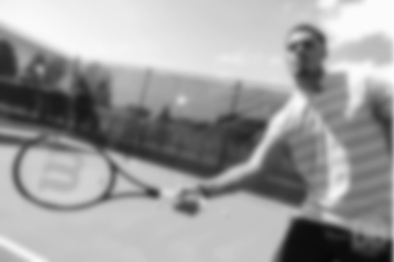 Safety Justin Simmons tries his hand at tennis as part of a video series from Broncos TV at Greenwood Athletic and Tennis Club on June 18, 2018.
