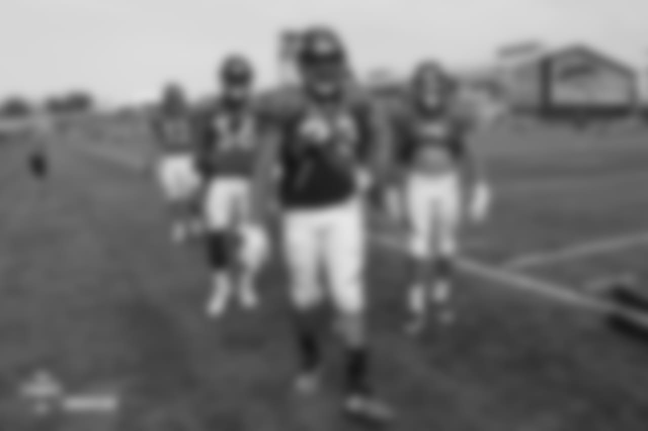Running back Devontae Booker (23), running back Dave Williams (36), fullback Andy Janovich (32) and running back Phillip Lindsay (2) at the fifth day of training camp on August 1, 2018, at UCHealth Training Center.