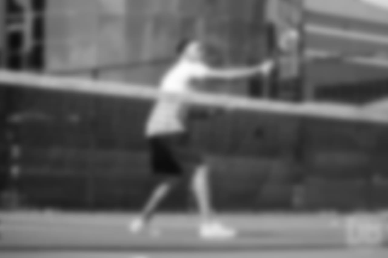 Safety Justin Simmons tries his hand at tennis as part of a video series from Broncos TV at Greenwood Athletic and Tennis Club on June 18, 2018.