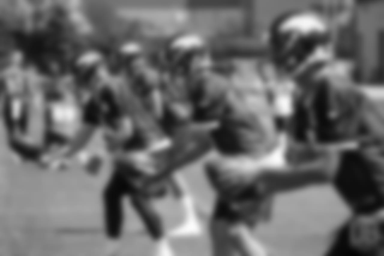 quarterback Case Keenum (4), quarterback Paxton Lynch (12), quarterback Chad Kelly (6) and quarterback Nick Stevens (5) during quarterback drills at the ninth day of OTAs on June 6, 2018 at UCHealth Training Center.