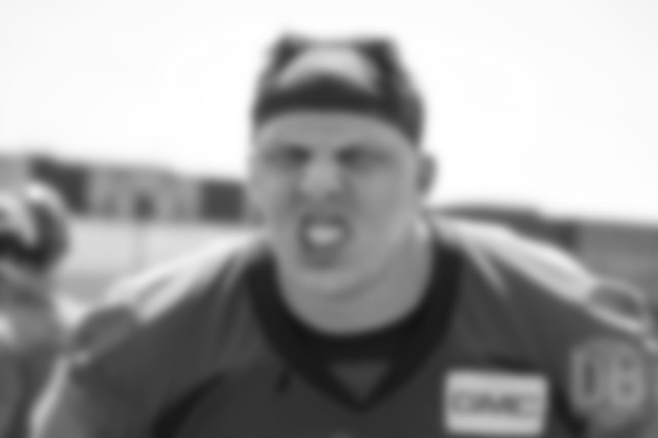 tackle Garett Bolles (72) makes a grimacing face during practice at the eighth day of OTAs on June 5, 2018.