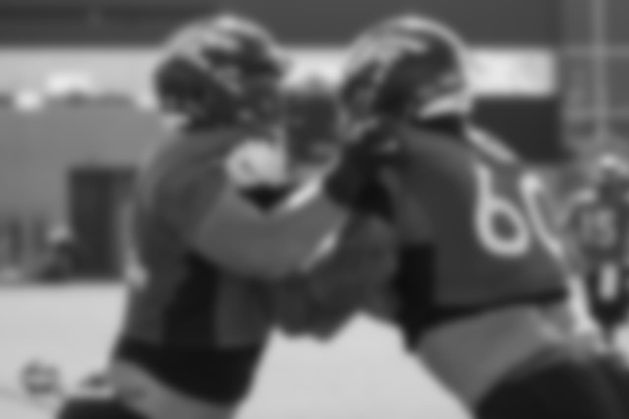 Center J.J. Dielman (64) and guard Connor McGovern (60) during the 11th day of training camp on August 9, 2018, at UCHealth Training Center.