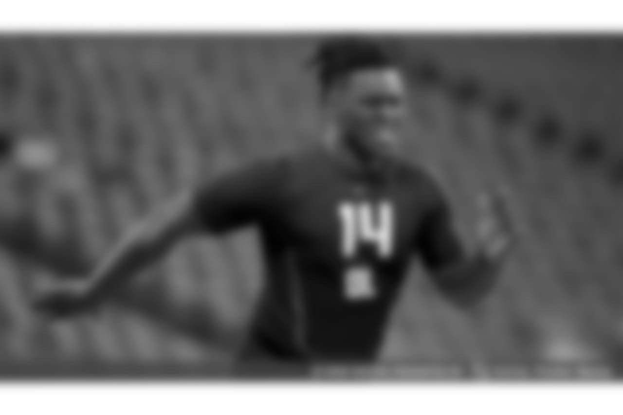 West Georgia offensive lineman Desmond Harrison participates in the 40-yard dash at the 2018 NFL Scouting Combine on Friday, March 2, 2018, in Indianapolis. (AP Photo/Gregory Payan)