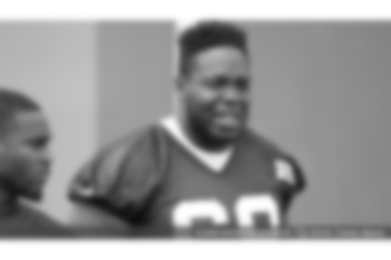 OL Victor Salako walks out to practice at the Browns' facility in Berea.