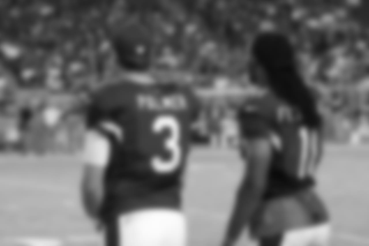 Palmer and Fitz during a preseason game against the Raiders