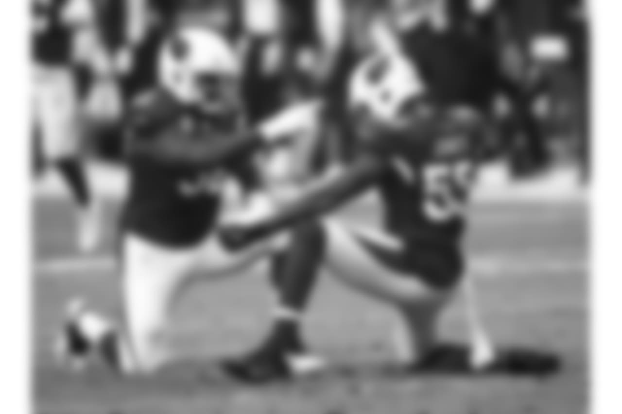 Chandler Jones (right) celebrates a stop with DL Frostee Rucker (left)