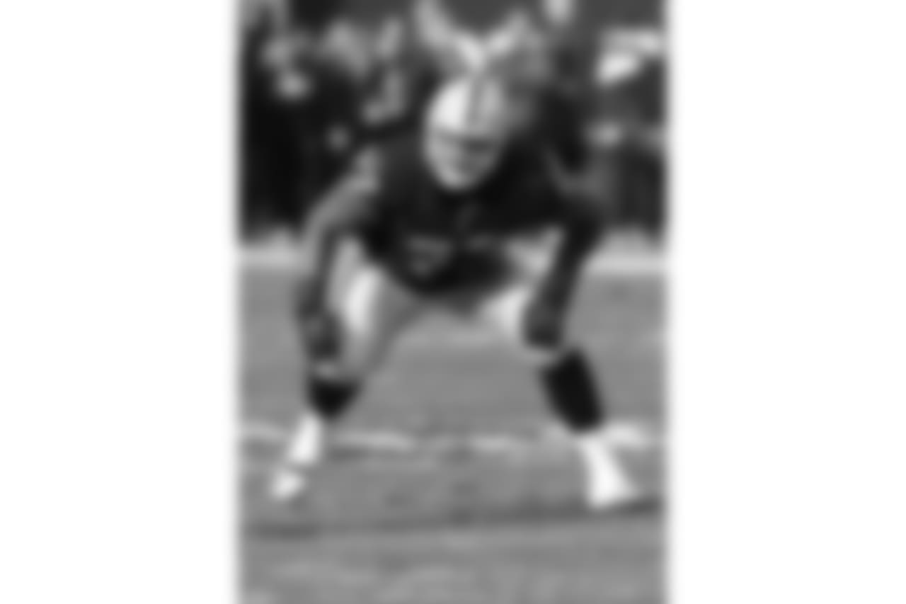 Oakland Raiders tackle Austin Howard (77) lines up in a two-point stance during an NFL game against the Carolina Panthers on Sunday, November 27, 2016. The Raiders defeated the Panthers 35-32. (Kevin Terrell via AP)