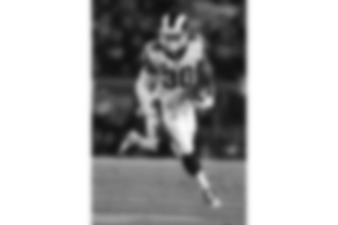 Los Angeles Rams running back Todd Gurley runs against the Atlanta Falcons during the first half of an NFL football wild-card playoff game Saturday, Jan. 6, 2018, in Los Angeles. (AP Photo/Kelvin Kuo)