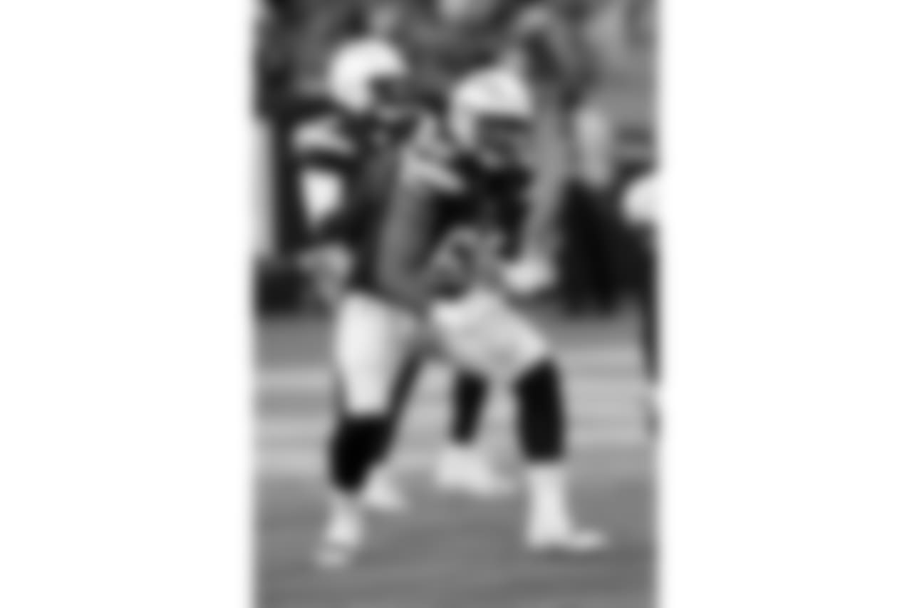 Los Angeles Chargers rookie offensive tackle Sam Tevi (69) blocks during the 2017 NFL week 2 preseason football game against the New Orleans Saints, Sunday, Aug. 20, 2017 in Carson, Calif. The Saints won the game 13-7. (Paul Spinelli via AP)