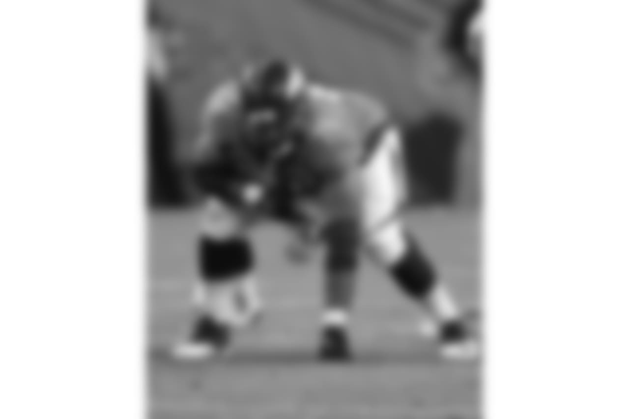 Denver Broncos guard Max Garcia (76) lines up in a three-point stance during an NFL game against the Carolina Panthers on Thursday, September 8, 2016. The Broncos defeated the Panthers 21-20. (Kevin Terrell via AP)