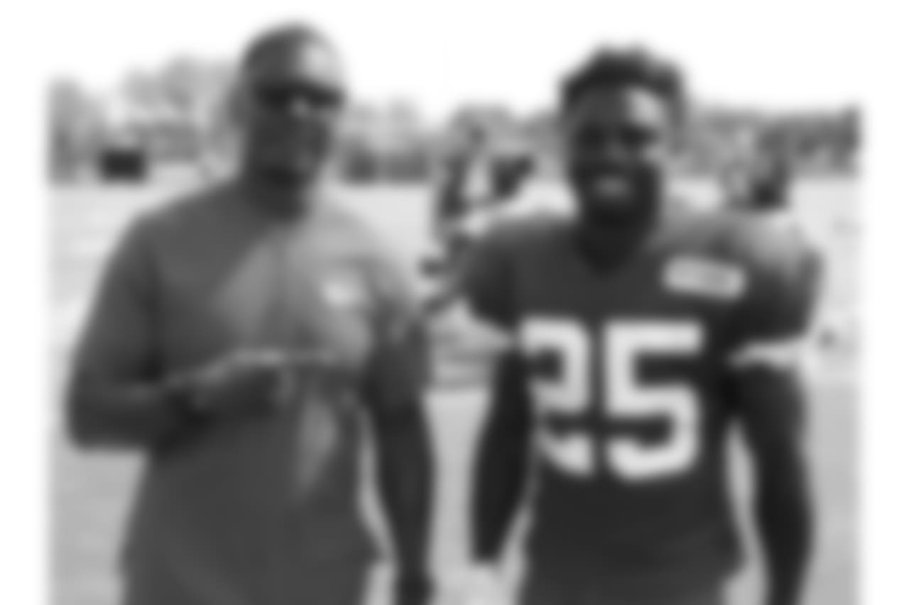 Kansas City Chiefs running back Kerwynn Williams (25) and Deland McCullough during practice 8/4/18 at Chiefs Training Camp at Missouri Western State University in St Joseph, Missouri
