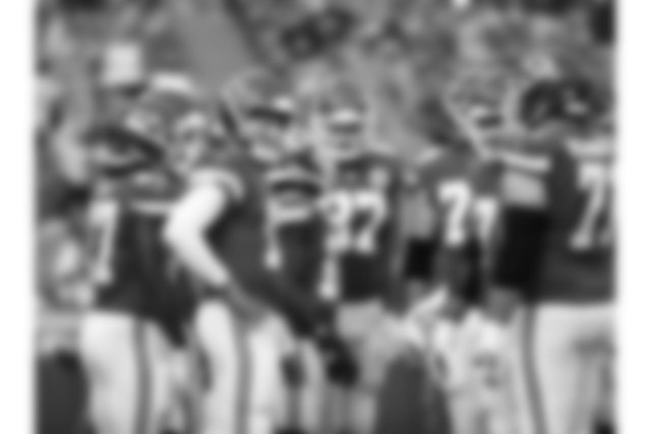 Kansas City Chiefs quarterback Patrick Mahomes (15) in the huddle during Texans at Chiefs at Arrowhead Stadium on 8/9/18.