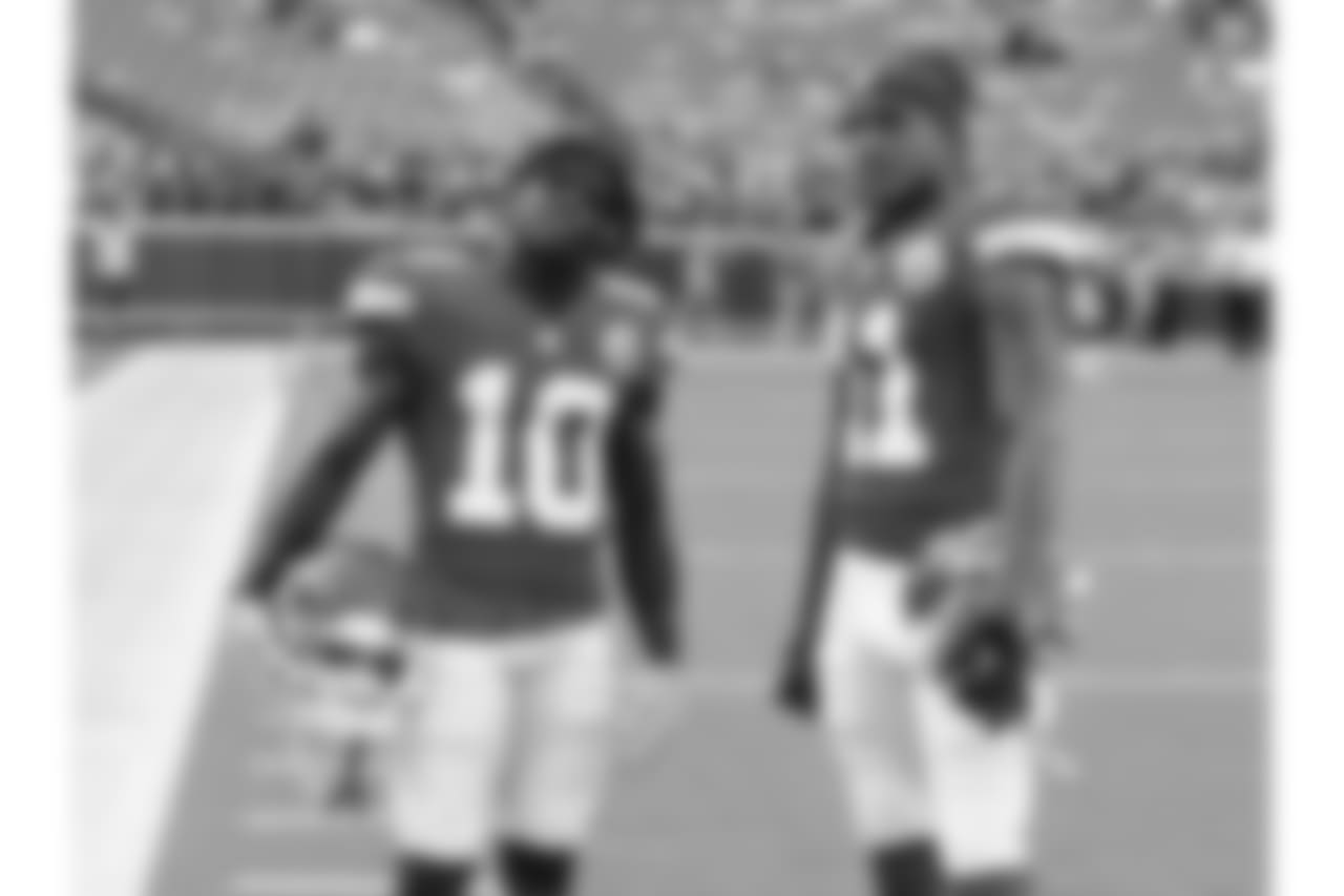 Kansas City Chiefs wide receiver Tyreek Hill (10)Kansas City Chiefs wide receiver Demarcus Robinson (11) pregame on 8/9/18 during Texans at Chiefs at Arrowhead Stadium