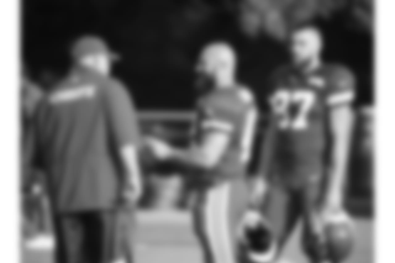 Kansas City Chiefs head coach Andy Reid and running back Anthony Sherman (42) during practice on 08/06/18 at Chiefs Training Camp at Missouri Western State University in St. Joseph, Missouri.
