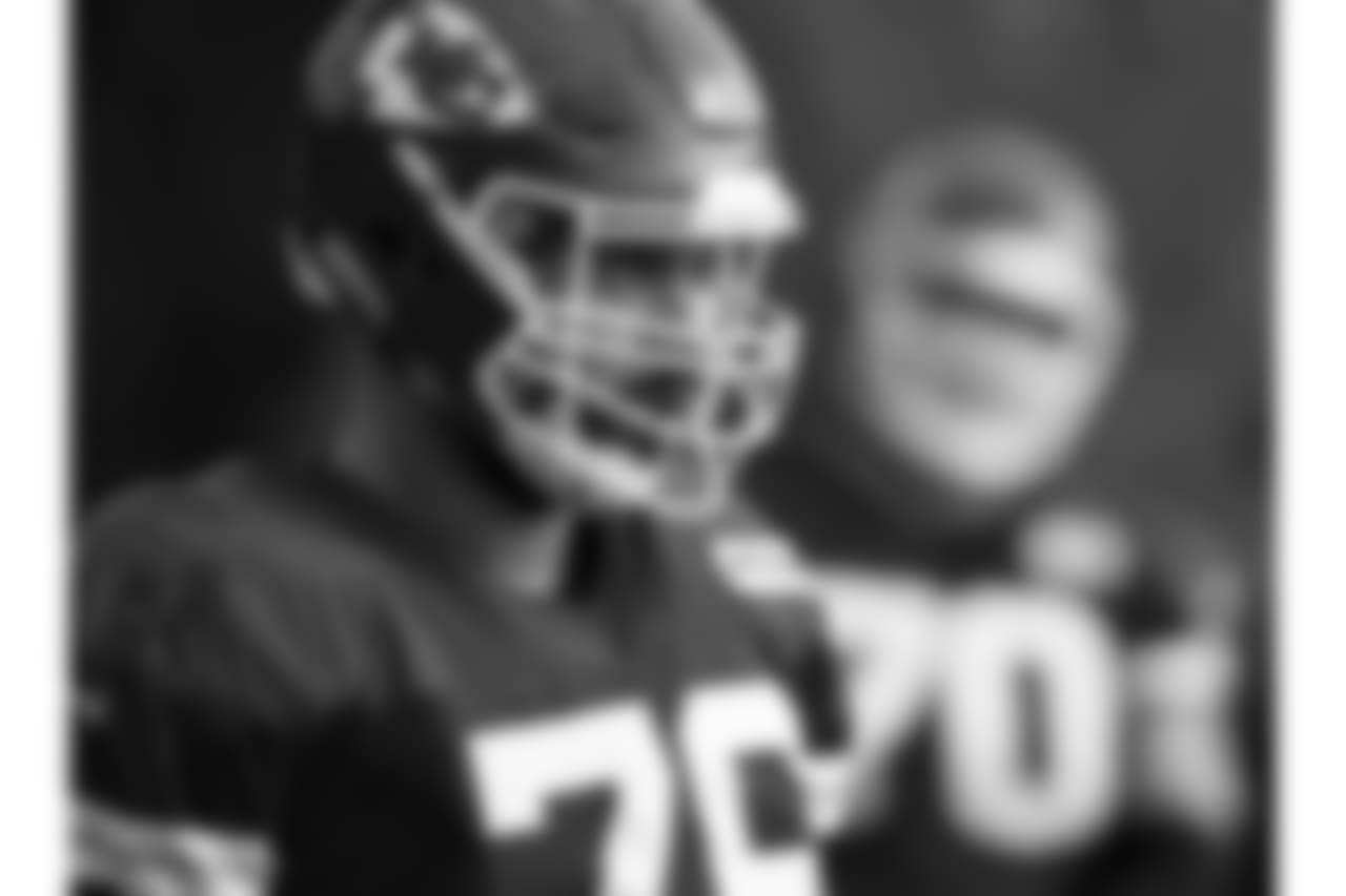 Kansas City Chiefs offensive tackle Laurent Duvernay-Tardif (76) during practice on 8/6/18 at Chiefs Training Camp at Missouri Western State University in St. Joseph, Missouri.