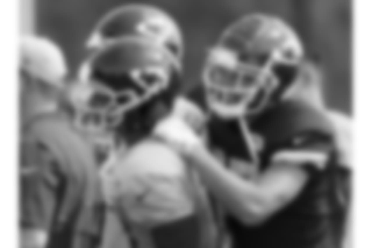 Kansas City Chiefs quarterback Patrick Mahomes (15) and Kansas City Chiefs tight end Travis Kelce (87) during practice on 8/4/18 at Chiefs Training Camp at Missouri Western State University in St. Joseph, Missouri.