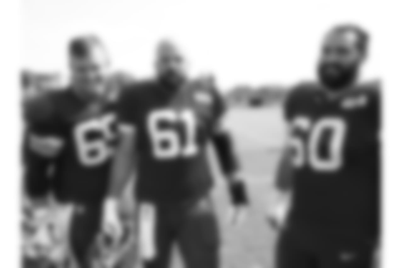 Kansas City Chiefs offensive tackle Jordan Devey (65) Kansas City Chiefs offensive lineman Mitch Morse (61) and Kansas City Chiefs offensive tackle Ryan Hunter (60) during practice 8/4/18 at Chiefs Training Camp at Missouri Western State University in St Joseph, Missouri