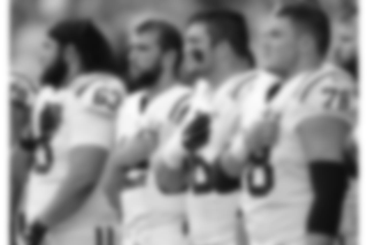 Indianapolis Colts players, including quarterback Andrew Luck, second from left, stand during the singing of the national anthem before an NFL football preseason game against the Seattle Seahawks, Thursday, Aug. 9, 2018, in Seattle. (AP Photo/Stephen Brashear)