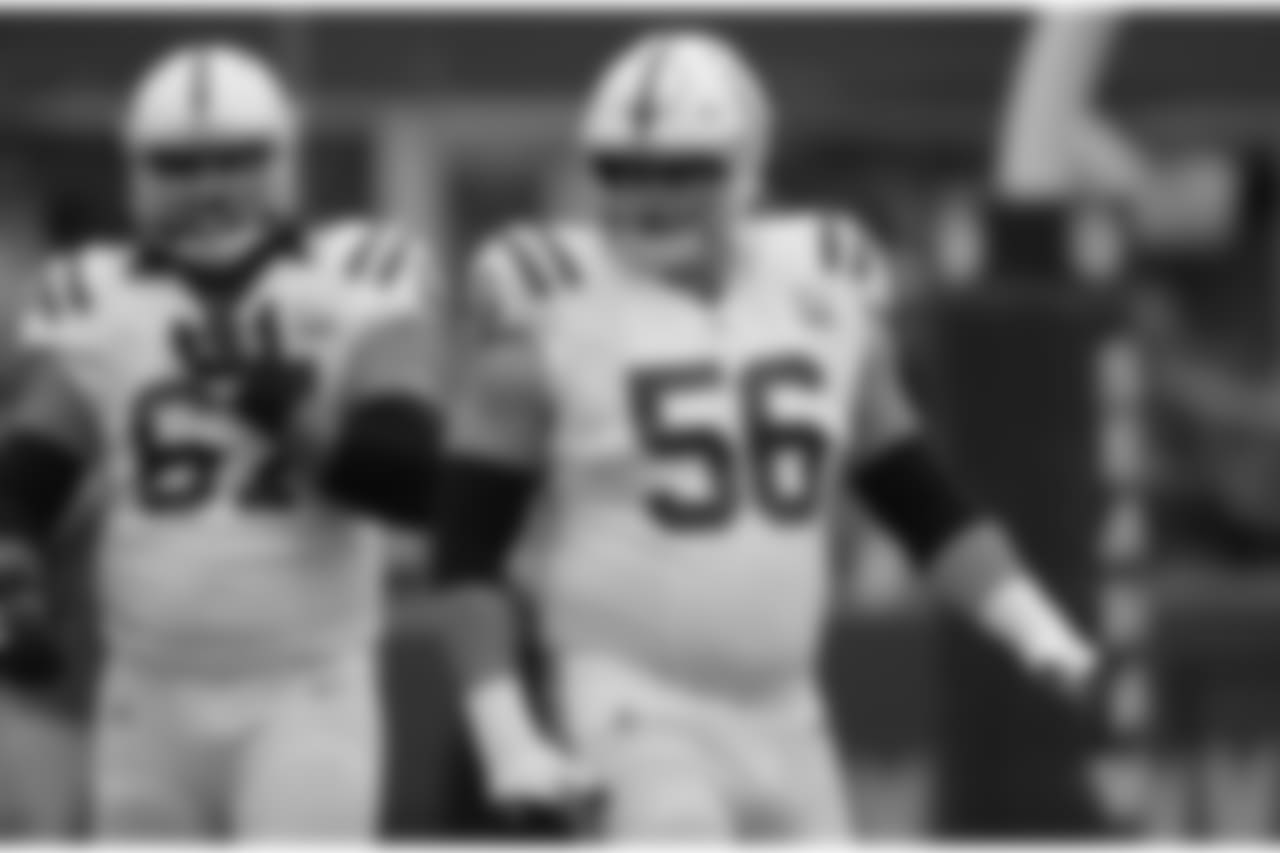 Indianapolis Colts guard Quenton Nelson, right, stands on the field with offensive guard Jeremy Vujnovich, left, before an NFL football preseason game against the Seattle Seahawks, Thursday, Aug. 9, 2018, in Seattle. (AP Photo/Stephen Brashear)