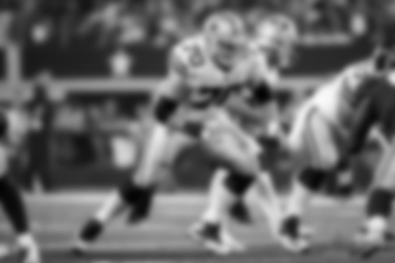 Dallas Cowboys offensive guard Zack Martin (70) in action during an NFL football game against the New York Giants, Sunday, Sept. 10, 2017, in Arlington, Texas. The Cowboys defeated the Giants, 19-3. (Ryan Kang via AP)