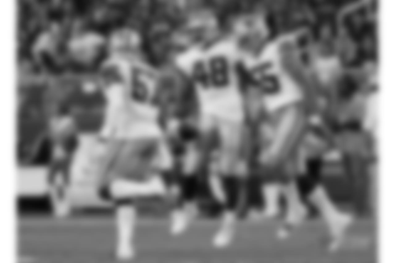 Dallas Cowboys linebacker Joe Thomas (48) celebrates his interception with Damien Wilson (57) and Leighton Vander Esch (55) during the first half of an NFL preseason football game against the San Francisco 49ers in Santa Clara, Calif., Thursday, Aug. 9, 2018. (AP Photo/Tony Avelar)