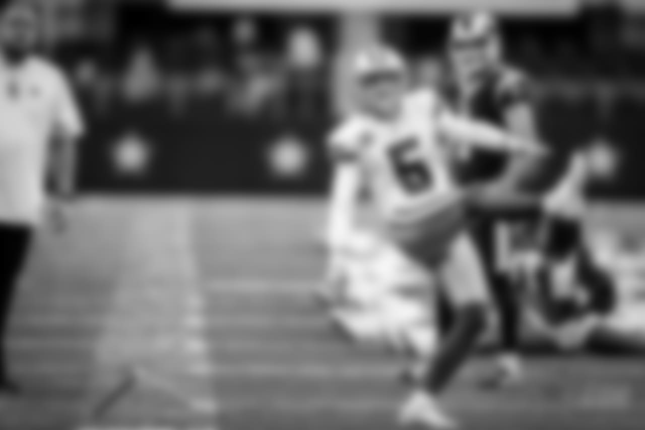 Dallas Cowboys place kicker Dan Bailey (5) kicks the ball prior to an NFL football game against the Los Angeles Rams on Sunday, Oct. 1, 2017 in Arlington, Texas. Rams won 35-30. (Peter Read Miller via AP)