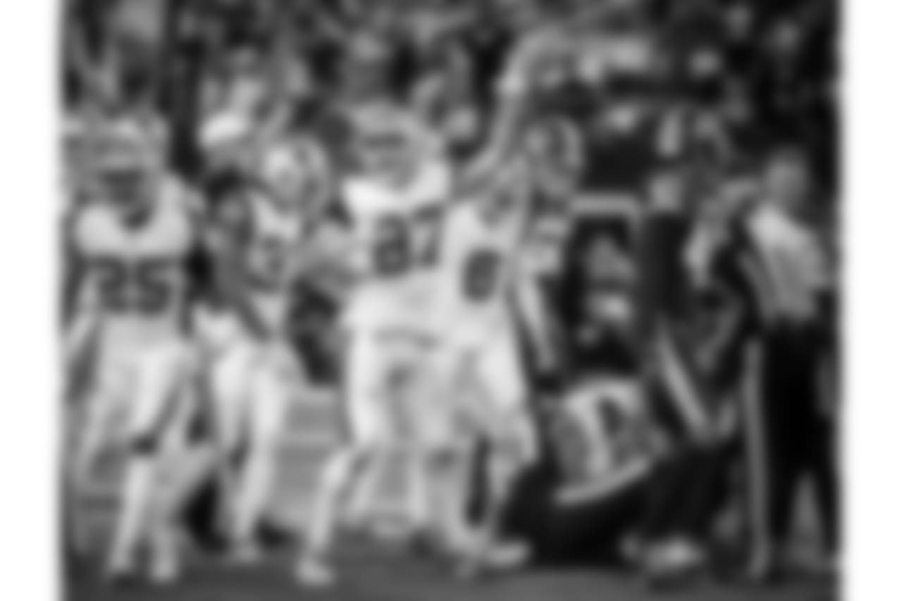 Dallas Cowboys tight end Geoff Swaim (87) and others celebrate a Washington Redskins turnover on a punt return in the first half of an NFL football game, Thursday, Nov. 30, 2017, in Arlington, Texas. (AP Photo/Ron Jenkins)