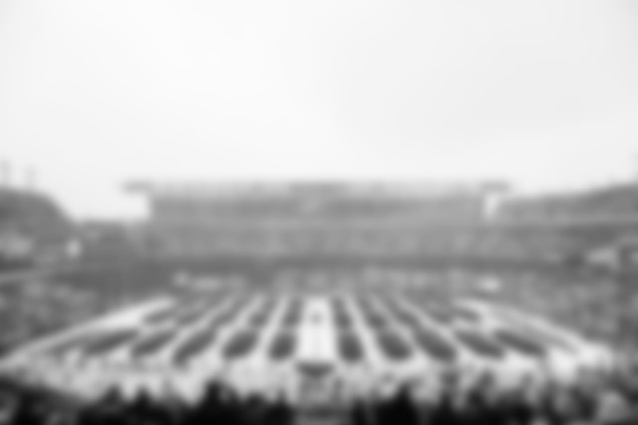 The marching band playing through the snow at Lincoln Financial Field.