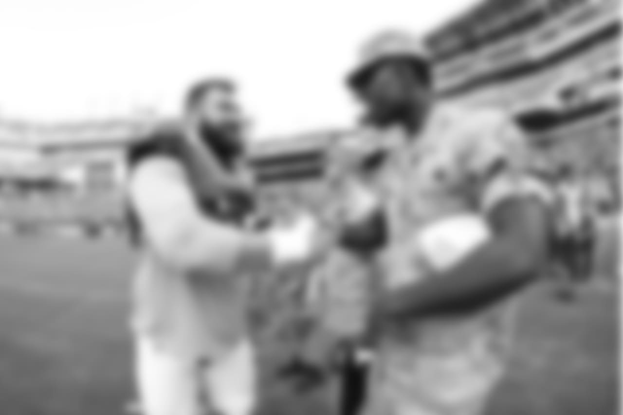 C Jason Kelce greeting a member of the military during Military Appreciation Night