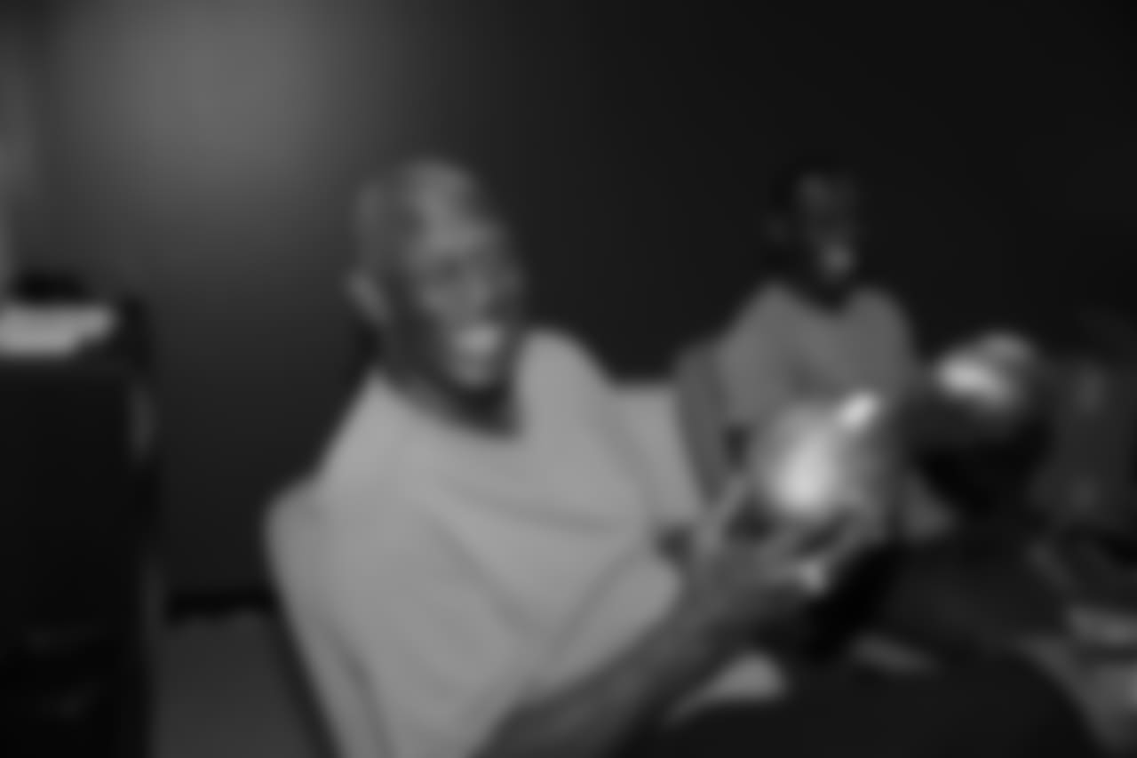 Harold Carmichael and Lito Sheppard share some laughs before the presentation