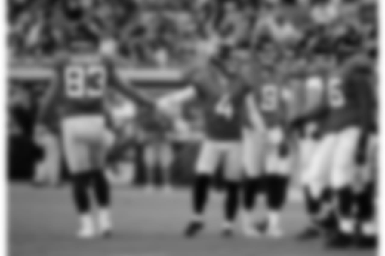 Jacksonville Jaguars kicker Josh Lambo (4) is congratulated by tight end Ben Koyack (83) and others after kicking a field goal against the New Orleans Saints during the first half of an NFL preseason football game, Thursday, Aug. 9, 2018, in Jacksonville, Fla. (AP Photo/Stephen B. Morton)