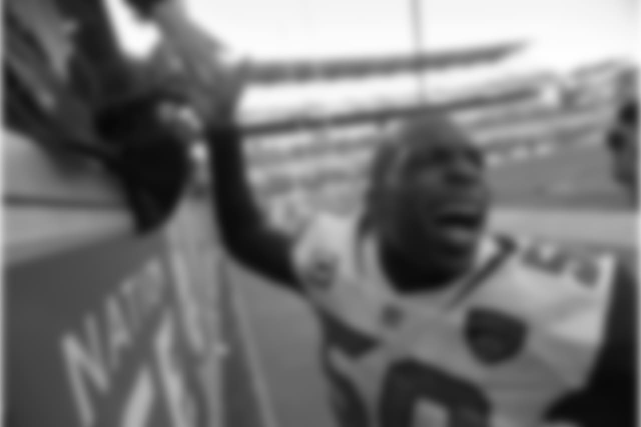 Jacksonville Jaguars outside linebacker Telvin Smith (50) celebrates with fans after a win over the Pittsburgh Steelers in an NFL divisional football AFC playoff game in Pittsburgh, Sunday, Jan. 14, 2018. (AP Photo/Don Wright)