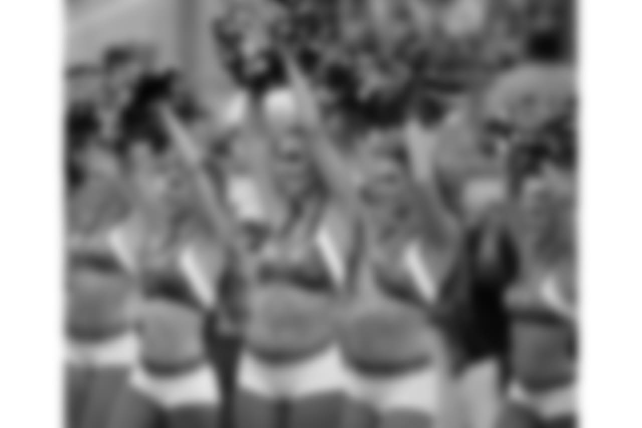 Jacksonville Jaguars cheerleaders perform during the first half of an NFL preseason football game against the New Orleans Saints, Thursday, Aug. 9, 2018, in Jacksonville, Fla. (AP Photo/Stephen B. Morton)