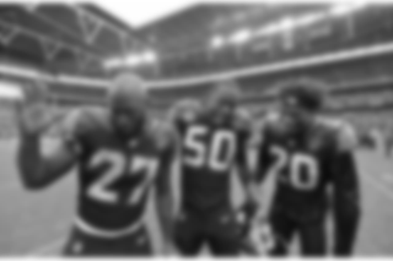 Jacksonville Jaguars Leonard Fournette (27), Telvin Smith (50) and Jalen Ramsey (20) celebrate the Jags 44-7 victory against the Baltimore Ravens in an NFL game Sunday, September 24, 2017 in London, U.K. (Rick Wilson via AP)