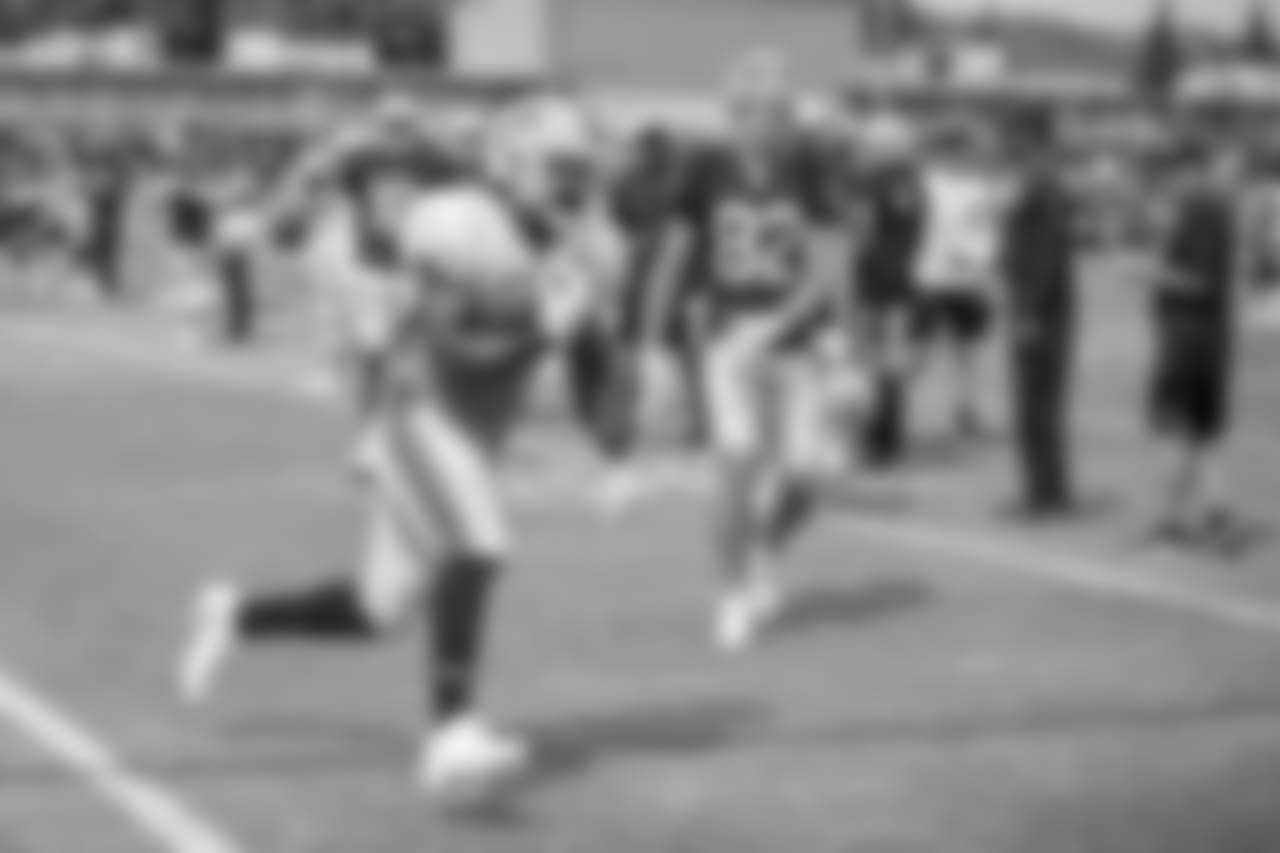 Detroit Lions linebacker Steve Longa (54) returns an interception during training camp practice on Tuesday, Aug. 7, 2018 in Napa, Calif. (Detroit Lions via AP)