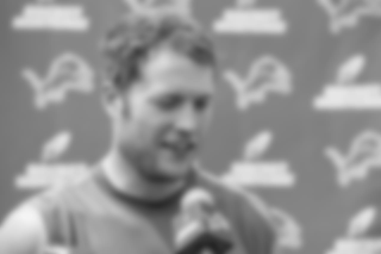 Detroit Lions quarterback Matthew Stafford (9) talks to the media following training camp practice on Wednesday, Aug. 8, 2018 in Napa, Calif. (Detroit Lions via AP)