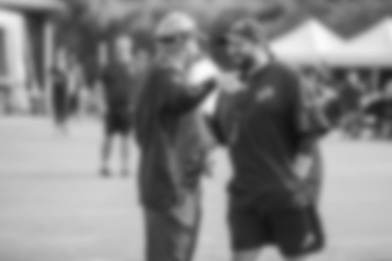 Detroit Lions head coach Matt Patricia talks with Oakland Raiders head coach Jon Gruden before training camp practice on Tuesday, Aug. 7, 2018 in Napa, Calif. (Detroit Lions via AP)