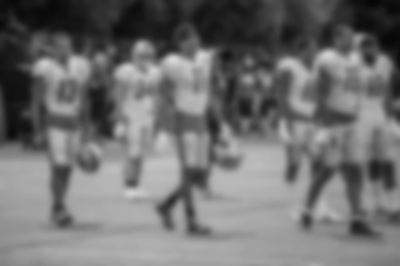 Detroit Lions offense celebrates a touchdown run during goal line drills at training camp practice on Tuesday, Aug. 7, 2018 in Napa, Calif. (Detroit Lions via AP)