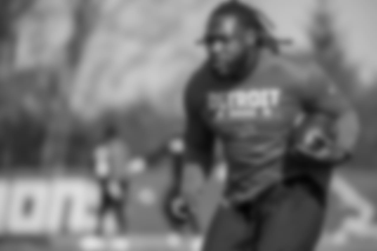Detroit Lions running back LeGarrette Blount (29) during voluntary workouts at the Detroit Lions training facility on Tuesday, May 8, 2018 in Allen Park, Mich. (Detroit Lions via AP)