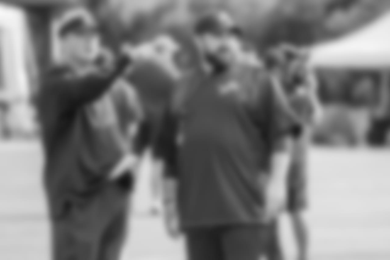 Detroit Lions head coach Matt Patricia talks with Oakland Raiders head coach Jon Gruden before training camp practice on Tuesday, Aug. 7, 2018 in Napa, Calif. (Detroit Lions via AP)