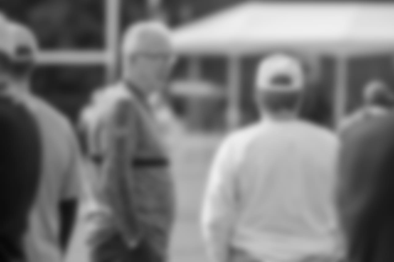 Detroit Lions president Rod Wood talks with Oakland Raiders owner Mark Davis during training camp practice on Tuesday, Aug. 7, 2018 in Napa, Calif. (Detroit Lions via AP)