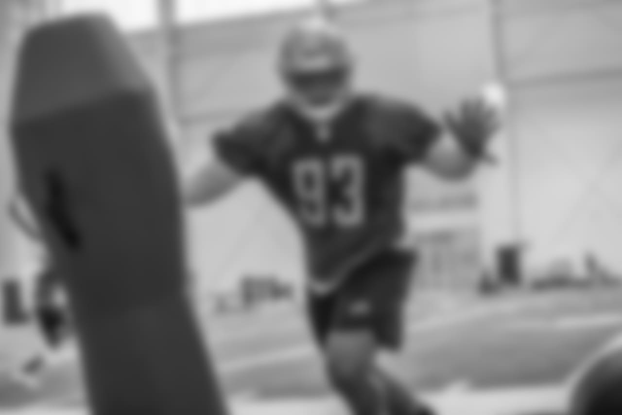 Detroit Lions defensive lineman Da'Shawn Hand (93) during rookie minicamp practice at the Detroit Lions training facility on Saturday, May 12, 2018 in Allen Park, Mich. (Detroit Lions via AP)