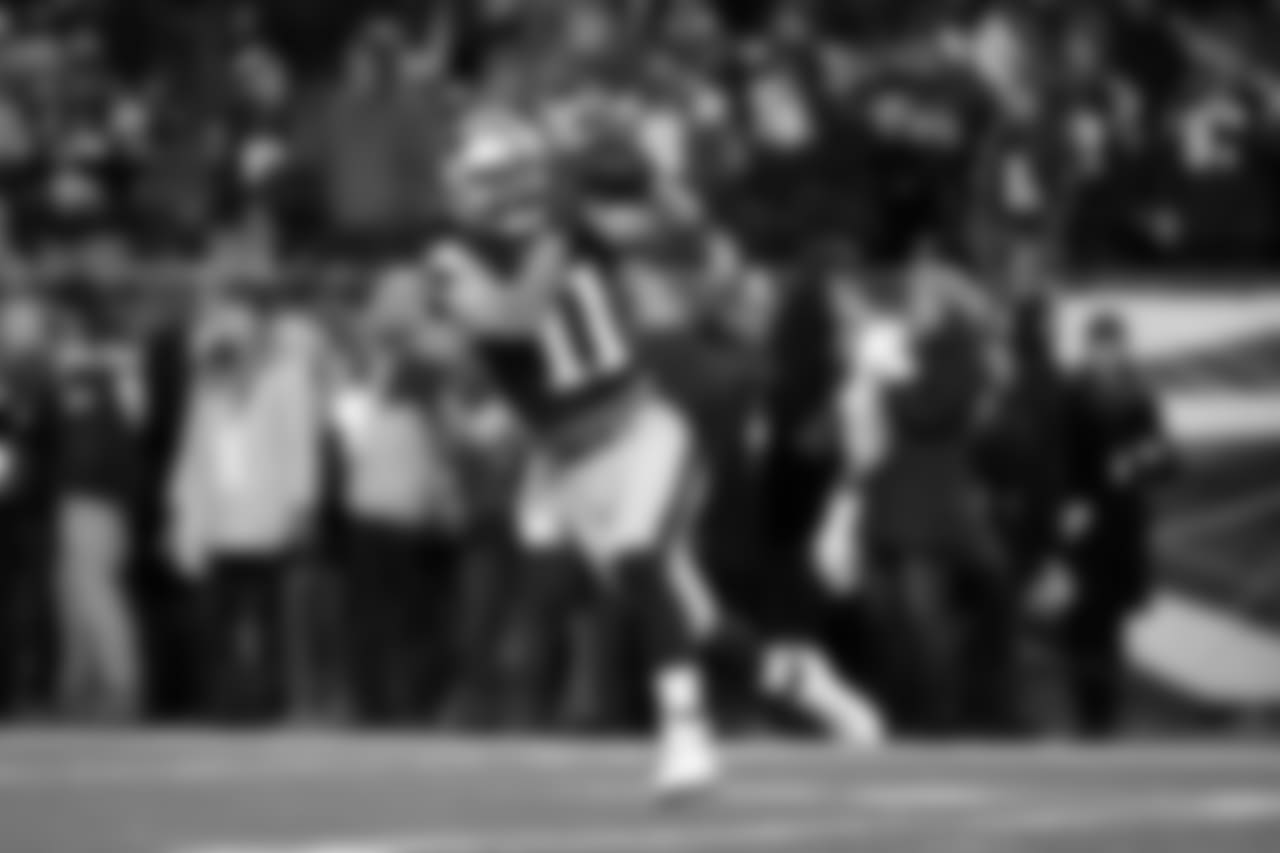 New England Patriots wide receiver Julian Edelman (11) catches a pass during warm ups prior to a game against the Houston Texans, Saturday, Jan. 14, 2017 in Foxborough, Mass. The New England Patriots won 34-16. (Logan Bowles via AP Images)
